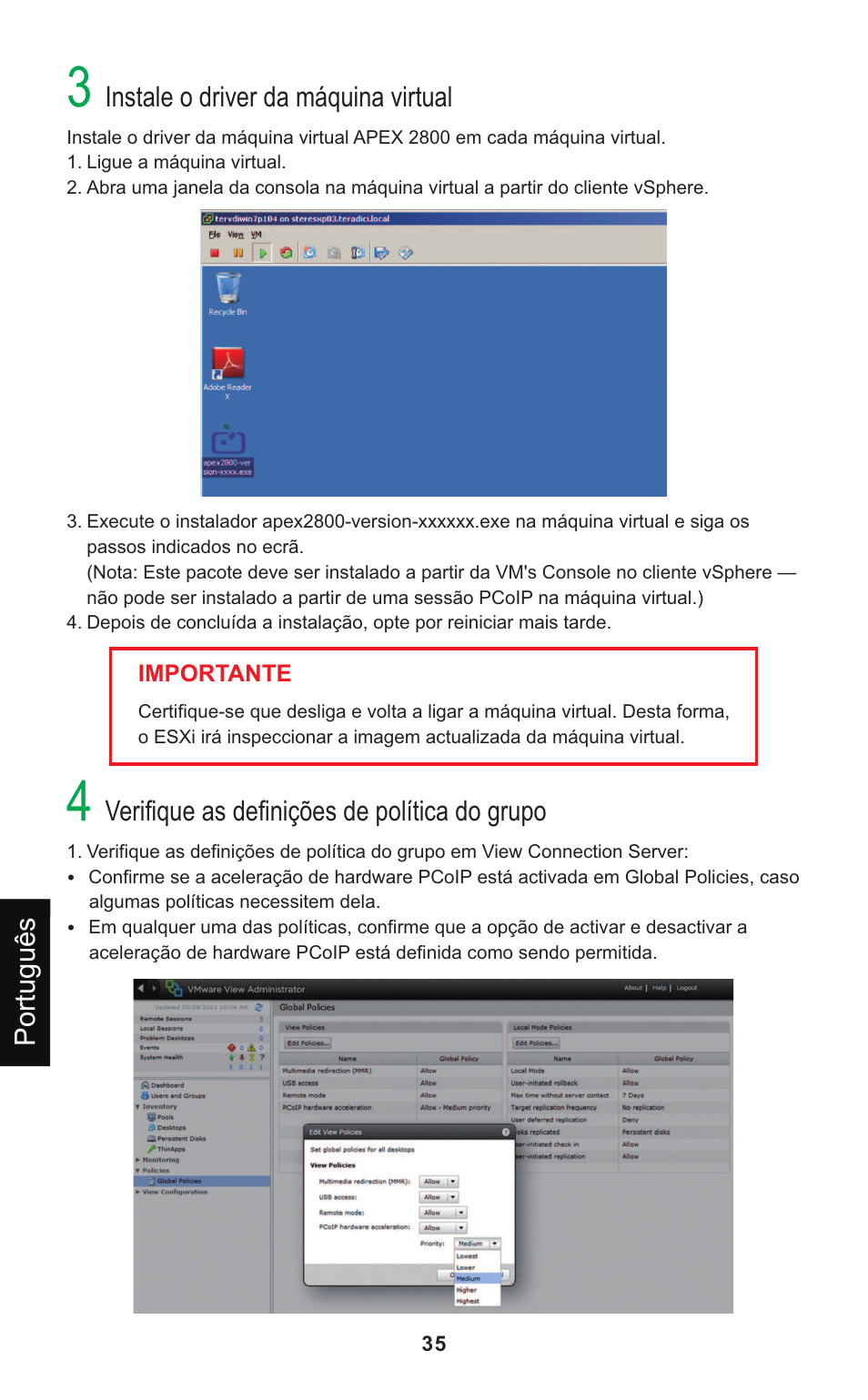 Instale o driver da máquina virtual, Português, Verifique as definições de política do grupo | Leadtek Teradici APEX 2800 User Manual | Page 38 / 83