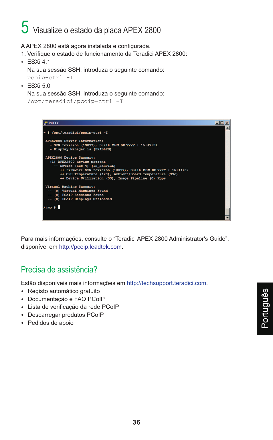 Visualize o estado da placa apex 2800, Precisa de assistência, Português | Leadtek Teradici APEX 2800 User Manual | Page 39 / 83