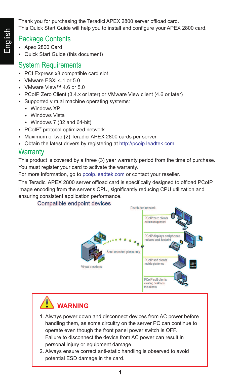 Package contents, System requirements, Warranty | English, Warning | Leadtek Teradici APEX 2800 User Manual | Page 4 / 83