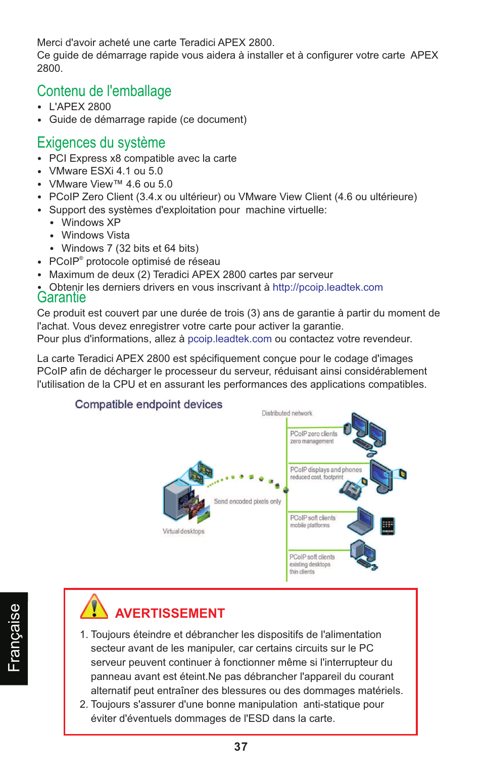 Contenu de l'emballage, Exigences du système, Garantie | Française | Leadtek Teradici APEX 2800 User Manual | Page 40 / 83