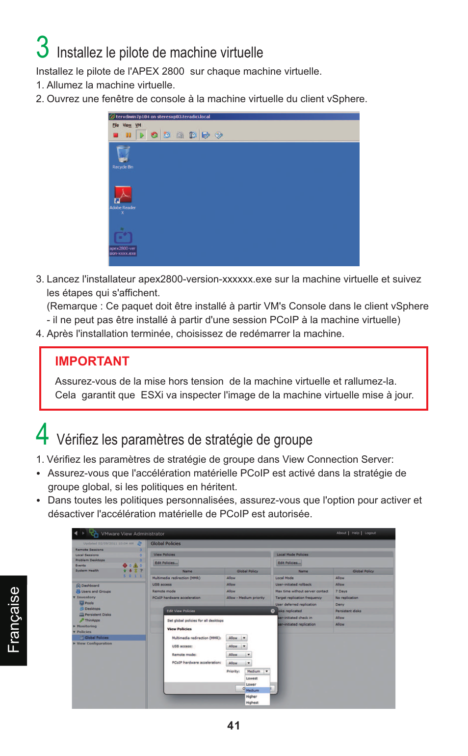 Installez le pilote de machine virtuelle, Vérifiez les paramètres de stratégie de groupe, Française | Leadtek Teradici APEX 2800 User Manual | Page 44 / 83