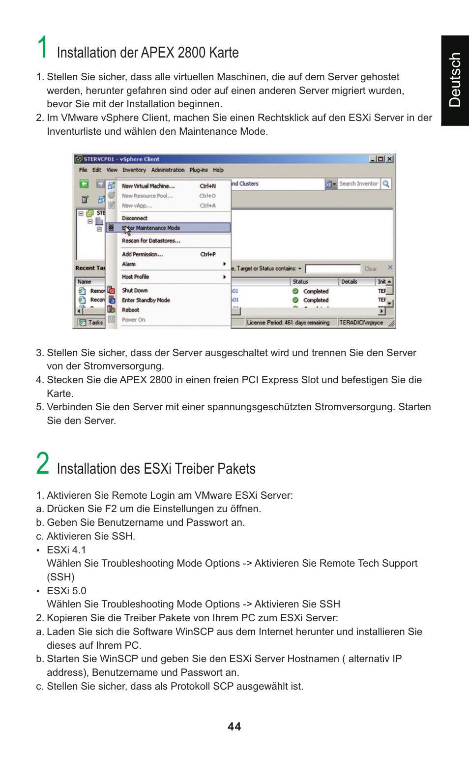 Installation der apex 2800 karte, Installation des esxi treiber pakets, Deutsch | Leadtek Teradici APEX 2800 User Manual | Page 47 / 83