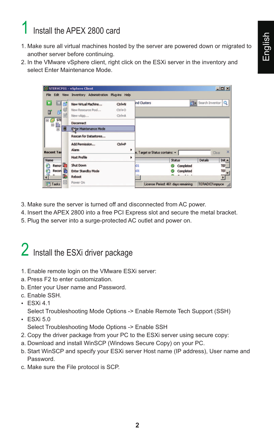 Install the apex 2800 card, Install the esxi driver package, English | Leadtek Teradici APEX 2800 User Manual | Page 5 / 83