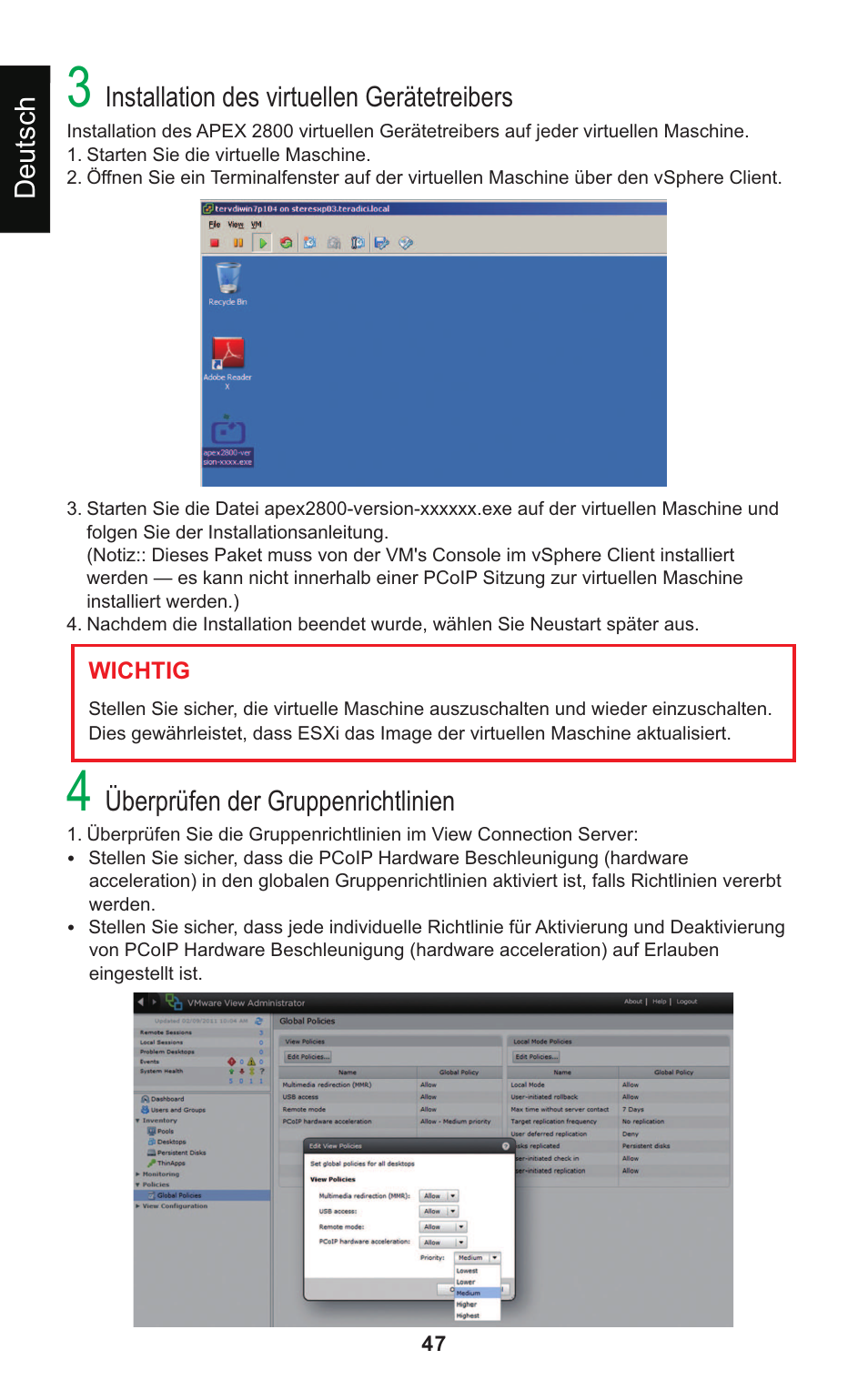Installation des virtuellen gerätetreibers, Deutsch, Überprüfen der gruppenrichtlinien | Leadtek Teradici APEX 2800 User Manual | Page 50 / 83