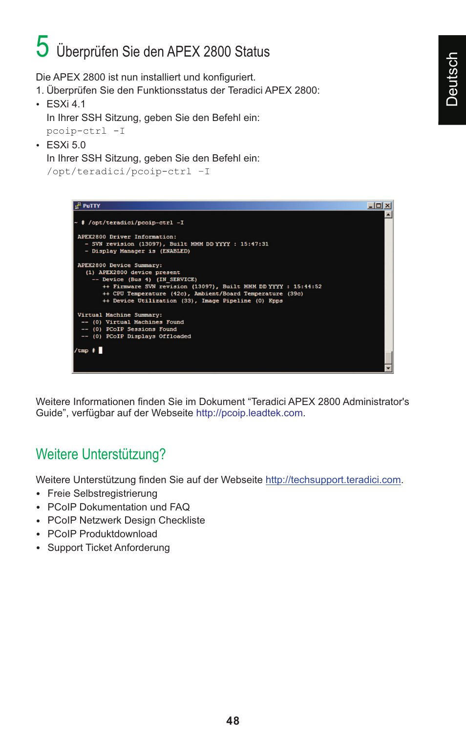 Überprüfen sie den apex 2800 status, Weitere unterstützung, Deutsch | Leadtek Teradici APEX 2800 User Manual | Page 51 / 83