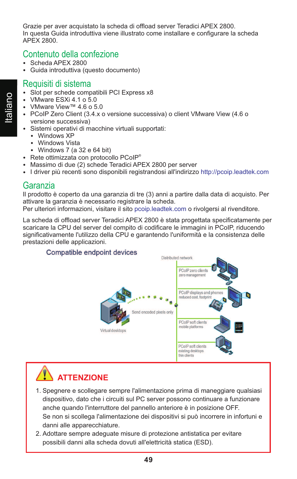 Contenuto della confezione, Requisiti di sistema, Garanzia | Italiano, Attenzione | Leadtek Teradici APEX 2800 User Manual | Page 52 / 83