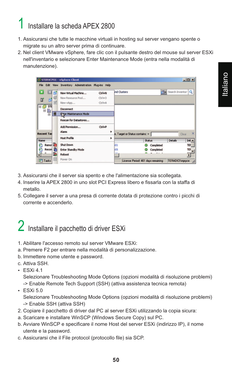 Installare la scheda apex 2800, Installare il pacchetto di driver esxi, Italiano | Leadtek Teradici APEX 2800 User Manual | Page 53 / 83