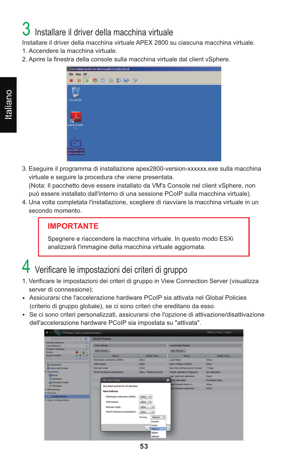 Installare il driver della macchina virtuale, Verificare le impostazioni dei criteri di gruppo, Italiano | Leadtek Teradici APEX 2800 User Manual | Page 56 / 83