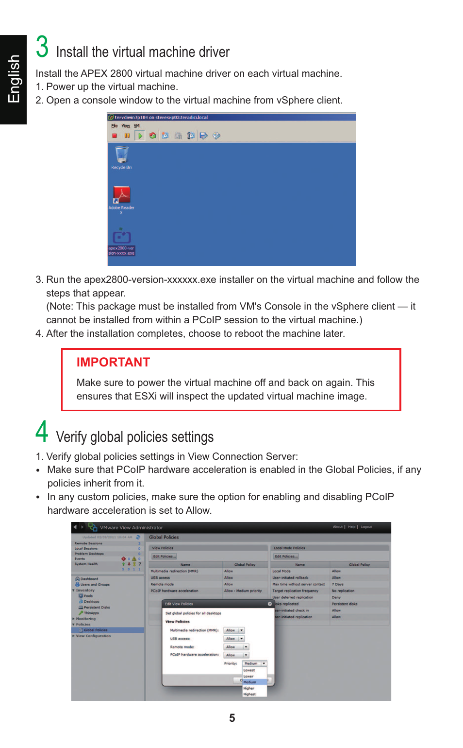 Install the virtual machine driver, Verify global policies settings, English | Leadtek Teradici APEX 2800 User Manual | Page 8 / 83