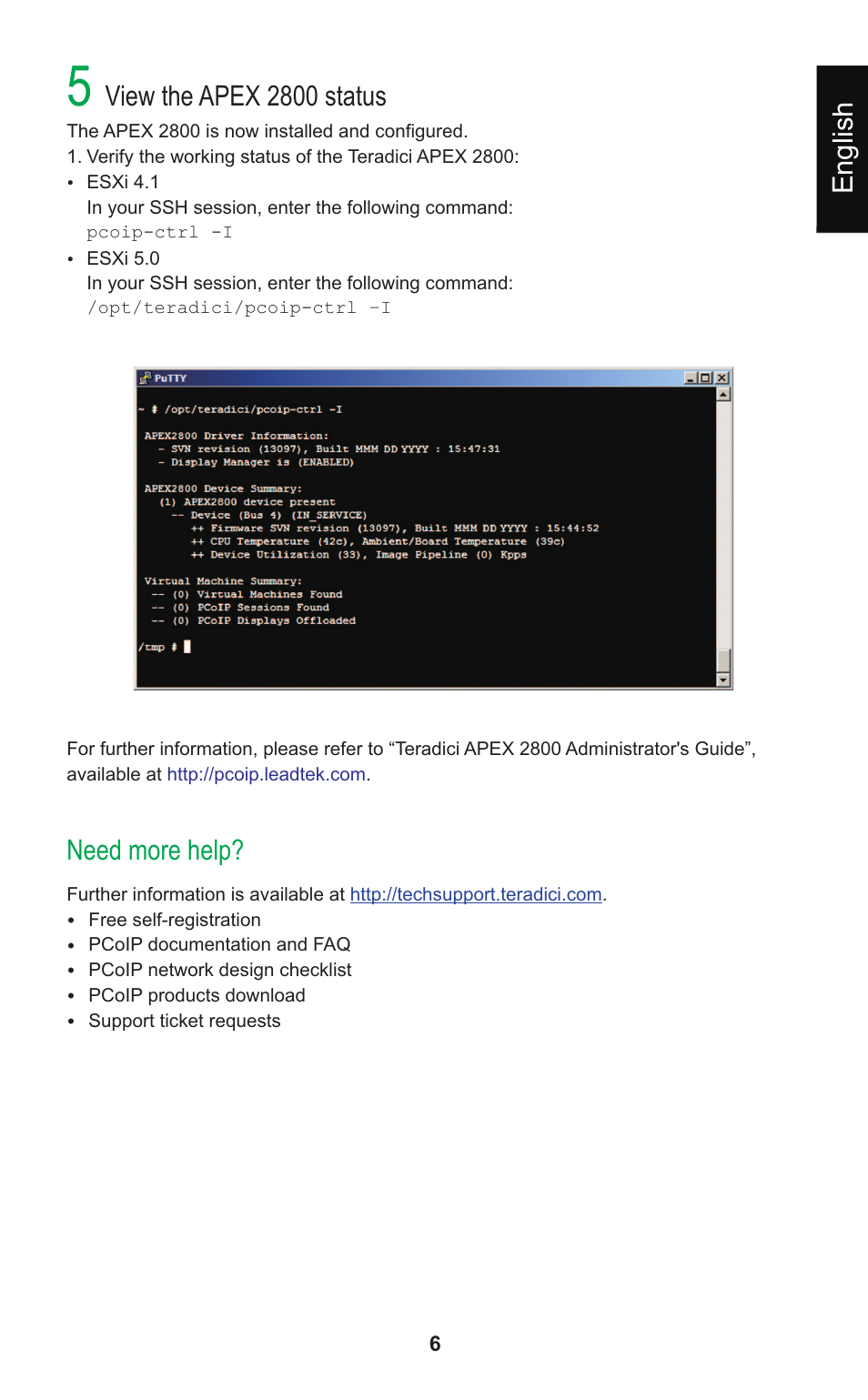 View the apex 2800 status, Need more help, English | Leadtek Teradici APEX 2800 User Manual | Page 9 / 83