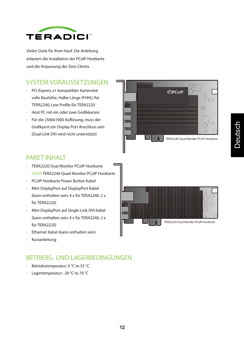 頁面 15, Deutsch, Betriebs- und lagerbedingungen | System voraussetzungen, Paket inhalt | Leadtek TERA2240 Host Card User Manual | Page 15 / 69