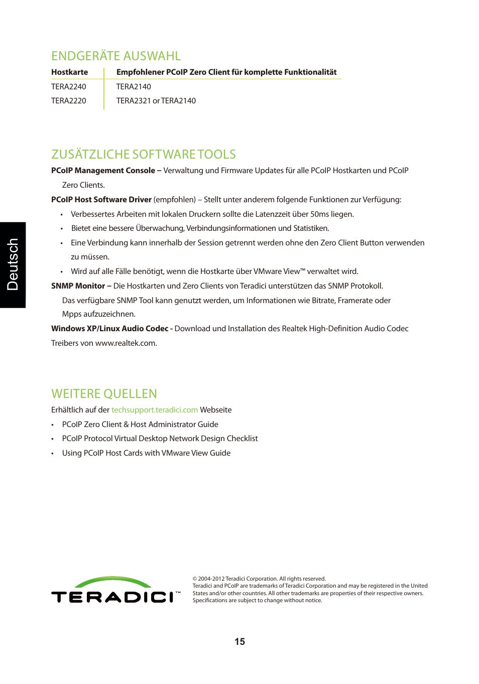 頁面 18, Deutsch, Weitere quellen | Endgeräte auswahl, Zusätzliche software tools | Leadtek TERA2240 Host Card User Manual | Page 18 / 69