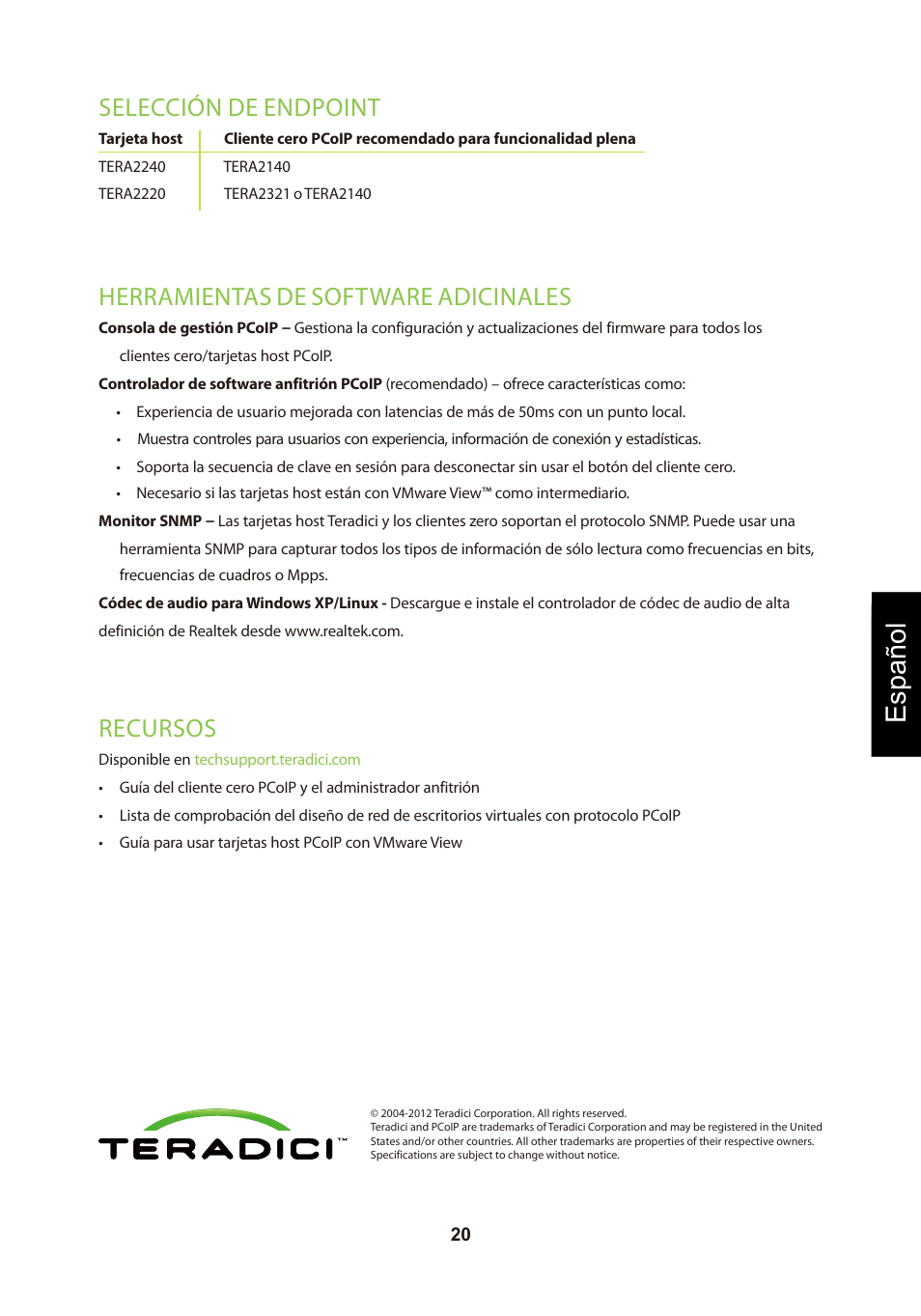 頁面 23, Español, Recursos | Selección de endpoint, Herramientas de software adicinales | Leadtek TERA2240 Host Card User Manual | Page 23 / 69