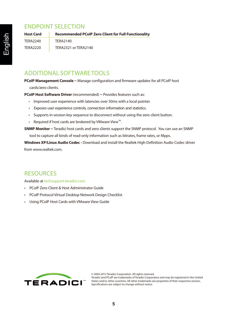 頁面 8, English, Resources | Endpoint selection, Additional software tools | Leadtek TERA2240 Host Card User Manual | Page 8 / 69