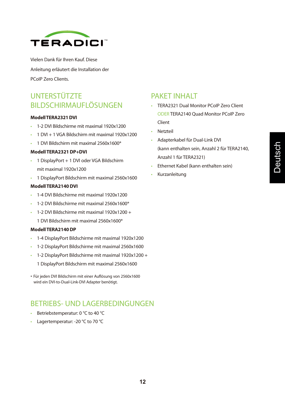 頁面 15, Deutsch, Unterstützte bildschirmauflösungen | Paket inhalt, Betriebs- und lagerbedingungen | Leadtek TERA2321 Zero Client User Manual | Page 15 / 69