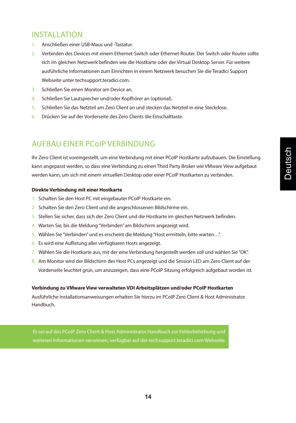 頁面 17, Deutsch, Installation | Aufbau einer pcoip verbindung | Leadtek TERA2321 Zero Client User Manual | Page 17 / 69