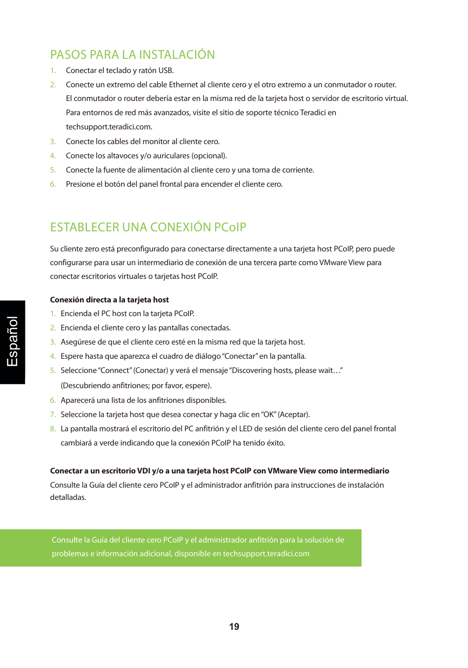 頁面 22, Español, Pasos para la instalación | Establecer una conexión pcoip | Leadtek TERA2321 Zero Client User Manual | Page 22 / 69