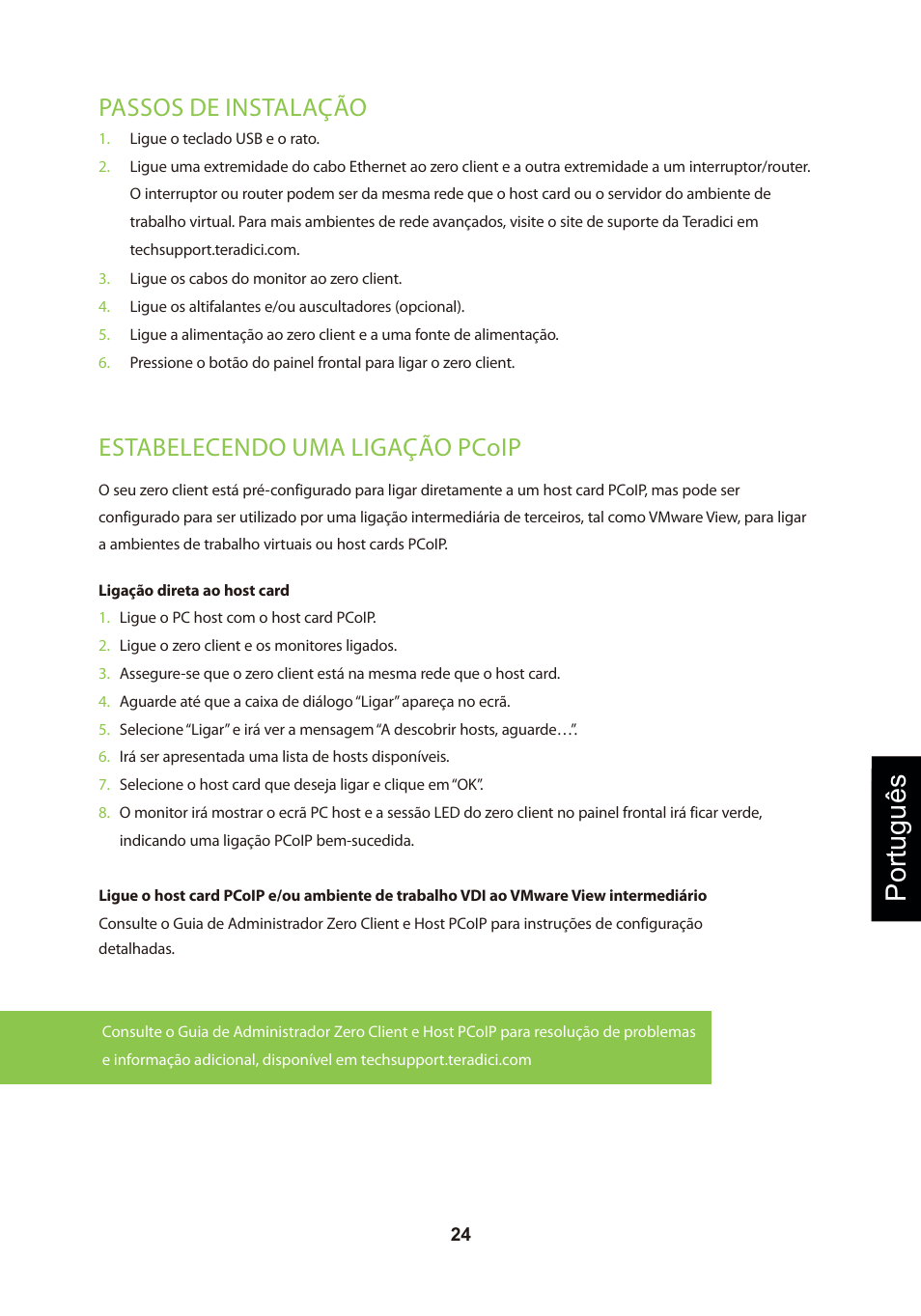 頁面 27, Português, Passos de instalação | Estabelecendo uma ligação pcoip | Leadtek TERA2321 Zero Client User Manual | Page 27 / 69