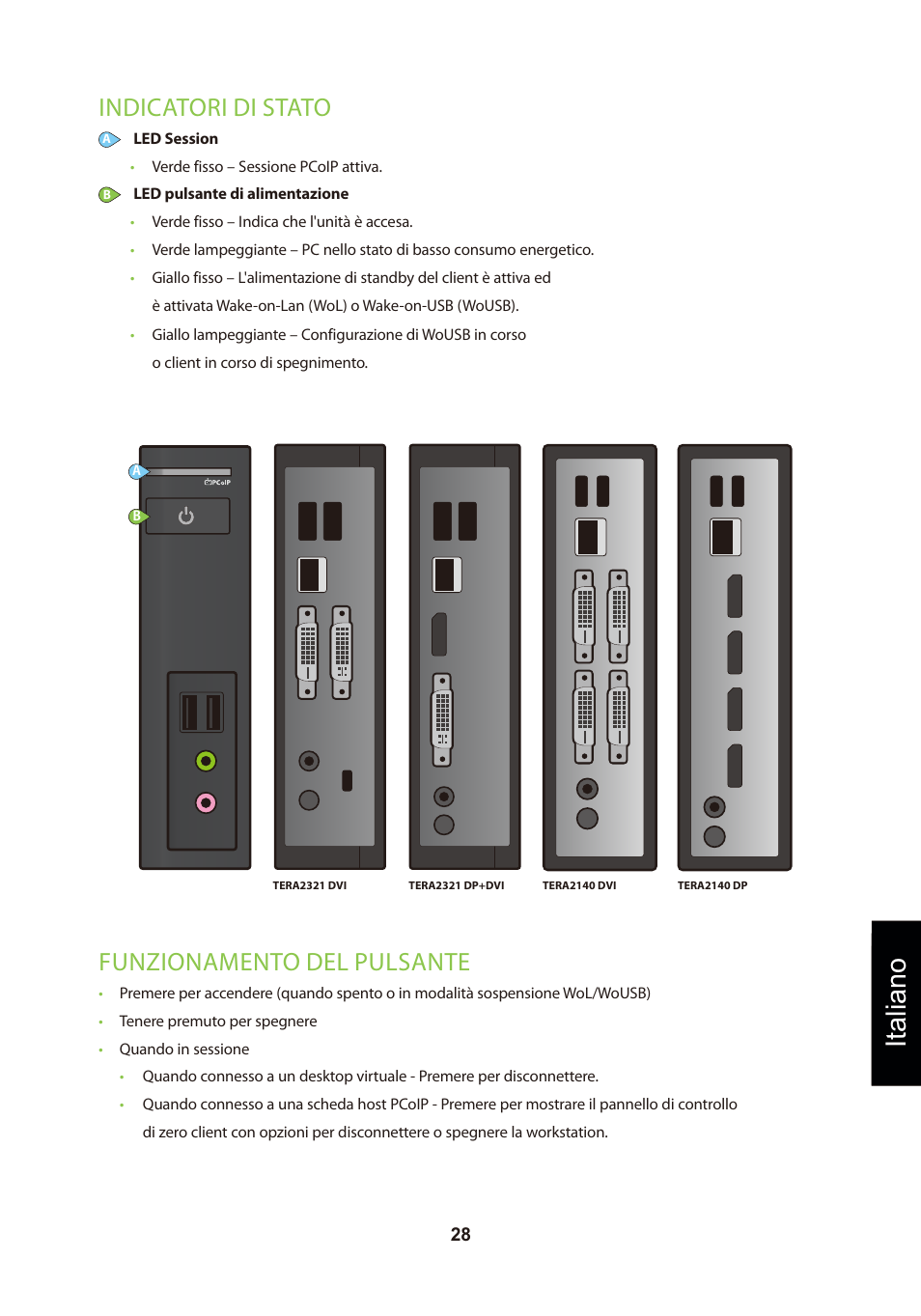 頁面 31, Italiano, Indicatori di stato | Funzionamento del pulsante | Leadtek TERA2321 Zero Client User Manual | Page 31 / 69