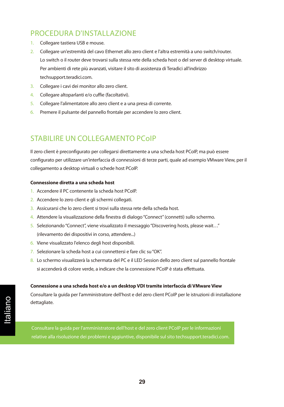 頁面 32, Italiano, Procedura d'installazione | Stabilire un collegamento pcoip | Leadtek TERA2321 Zero Client User Manual | Page 32 / 69