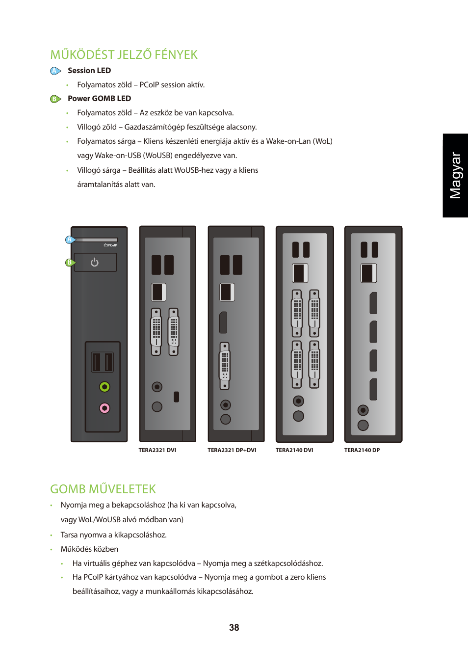 頁面 41, Magyar, Működést jelző fények | Gomb műveletek | Leadtek TERA2321 Zero Client User Manual | Page 41 / 69