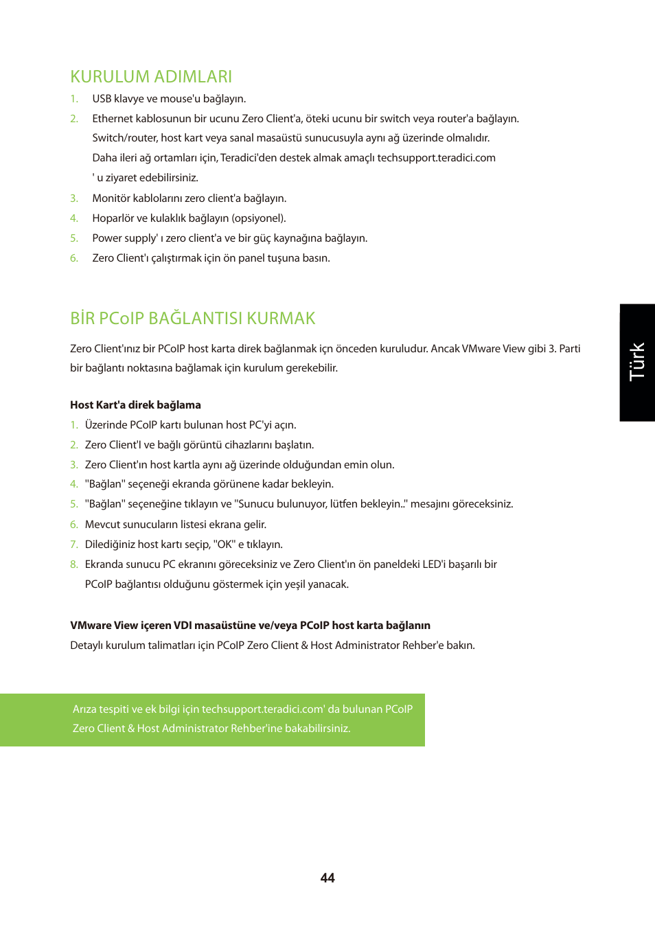 頁面 47, Türk, Kurulum adimlari | Bir pcoip bağlantisi kurmak | Leadtek TERA2321 Zero Client User Manual | Page 47 / 69