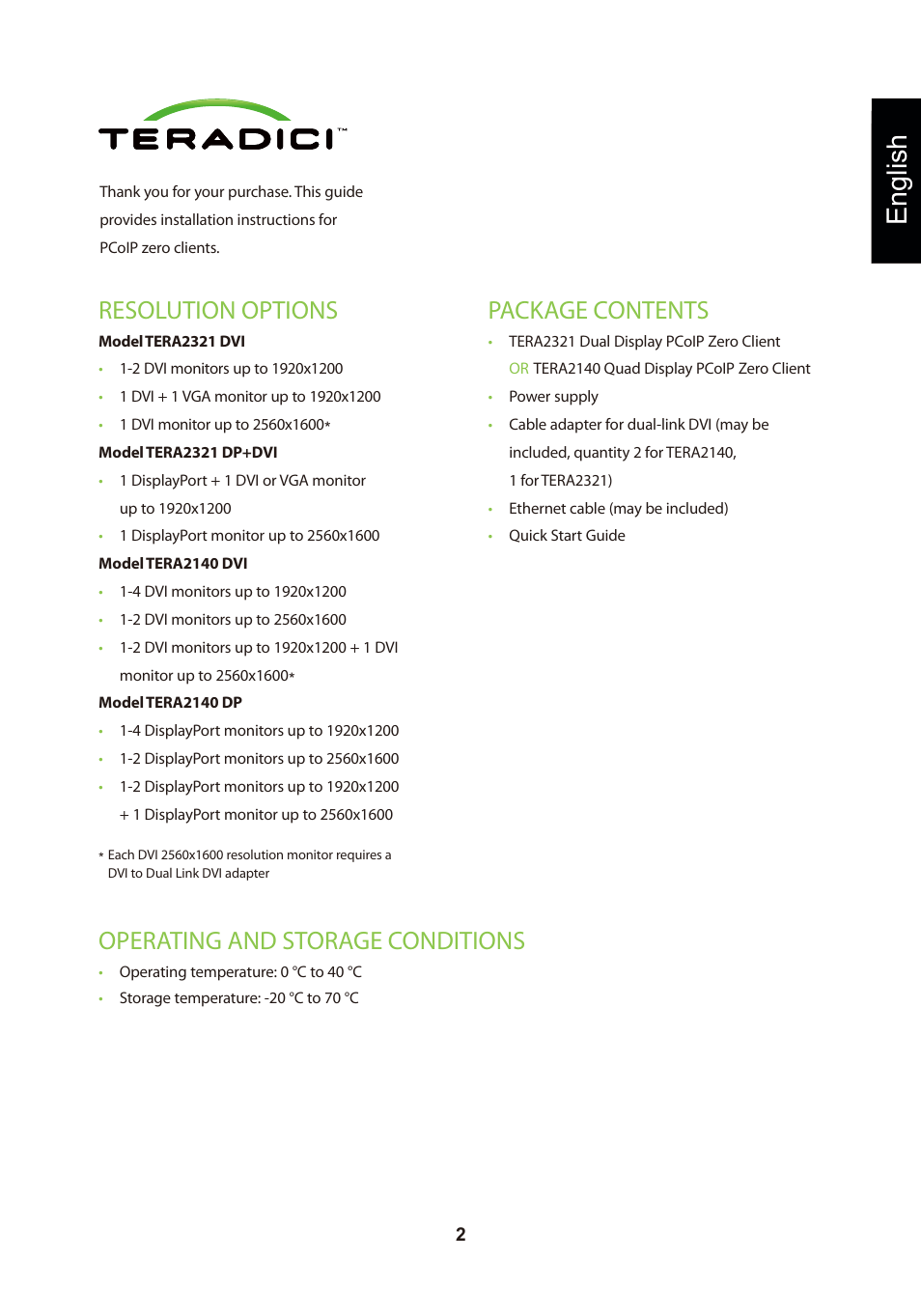 頁面 5, English, Resolution options | Package contents, Operating and storage conditions | Leadtek TERA2321 Zero Client User Manual | Page 5 / 69