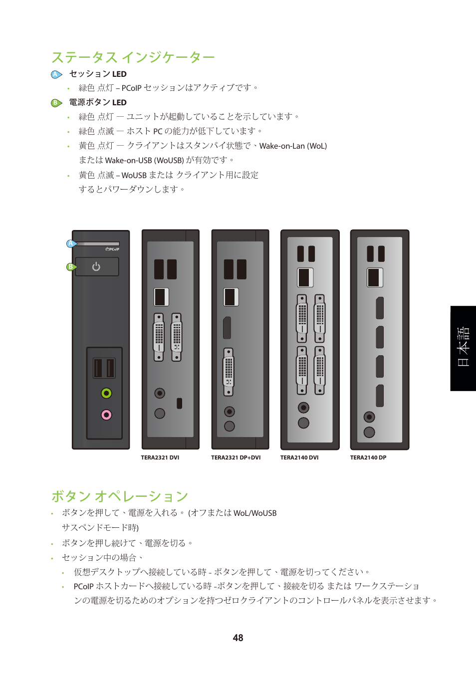 頁面 51, ステータス インジケーター, ボタン オペレーション | Leadtek TERA2321 Zero Client User Manual | Page 51 / 69