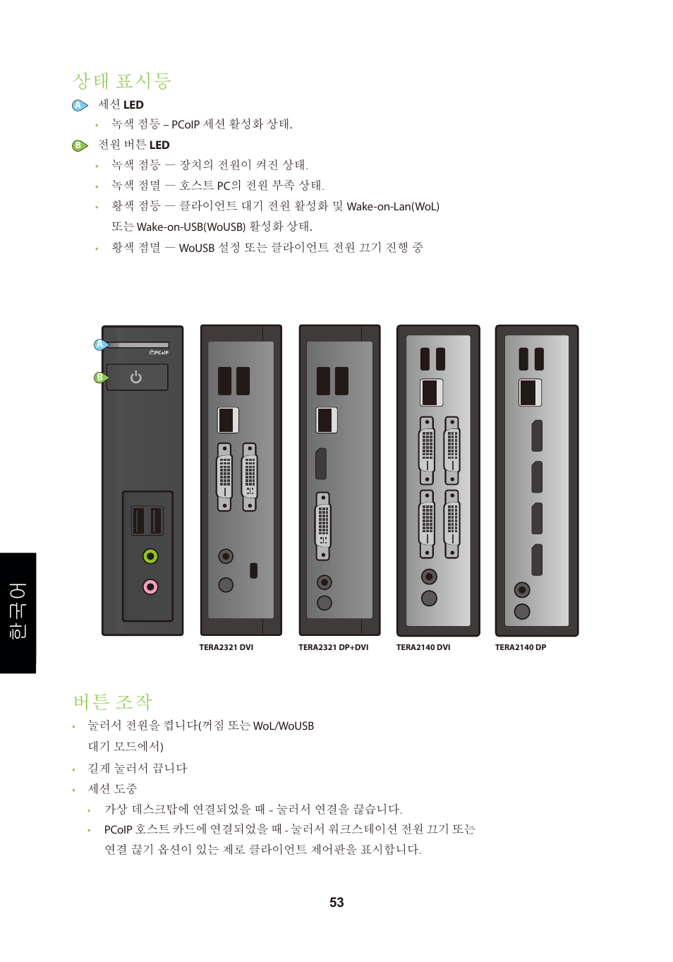 頁面 56, 상태 표시등, 버튼 조작 | Leadtek TERA2321 Zero Client User Manual | Page 56 / 69