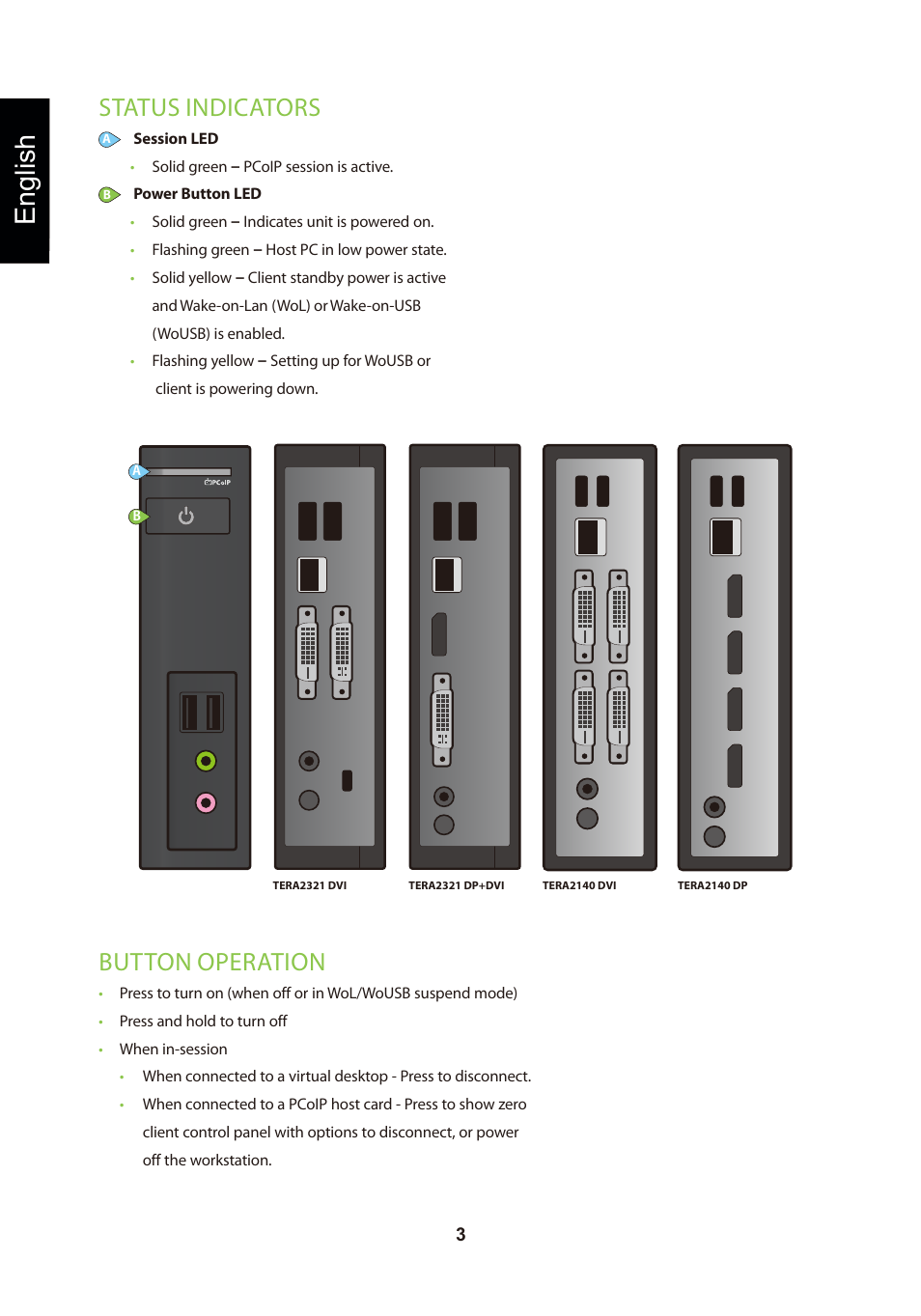 頁面 6, English, Status indicators | Button operation | Leadtek TERA2321 Zero Client User Manual | Page 6 / 69