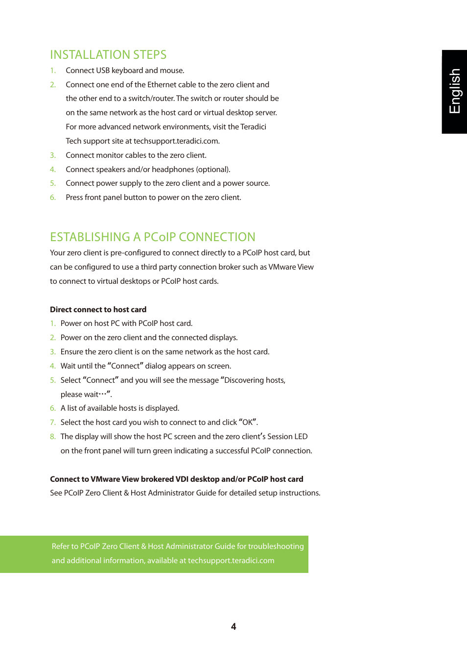 頁面 7, English, Installation steps | Establishing a pcoip connection | Leadtek TERA2321 Zero Client User Manual | Page 7 / 69