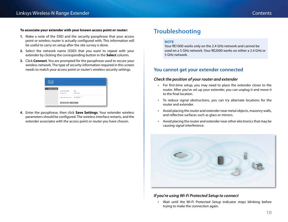 Troubleshooting, 10 contents linksys wireless-n range extender, You cannot get your extender connected | Linksys RE2000 User Manual | Page 110 / 457