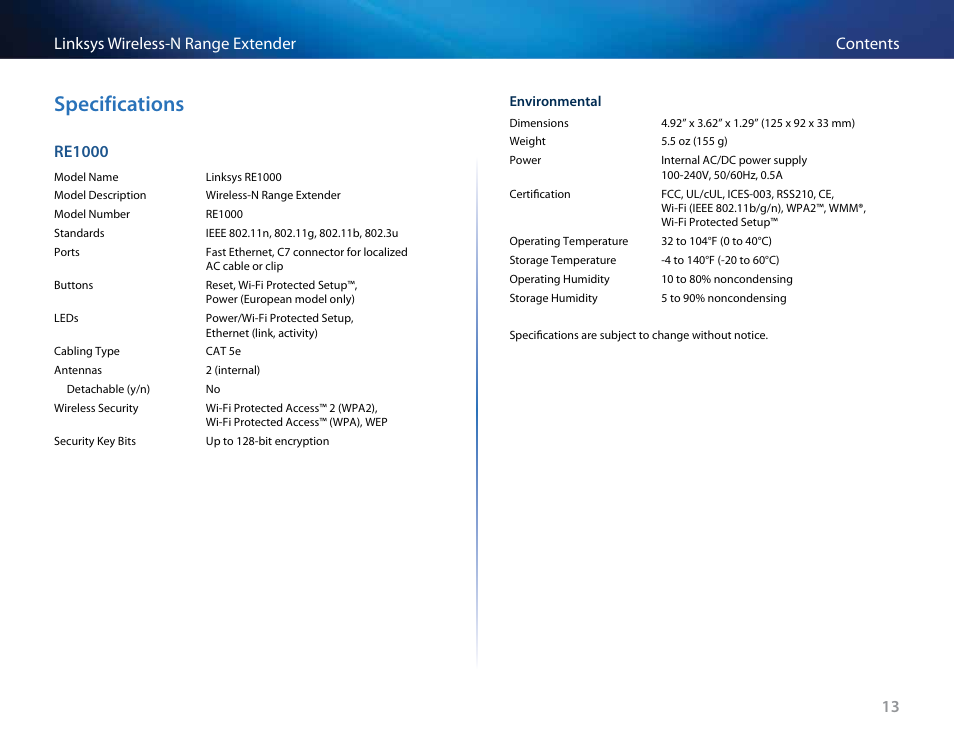 Specifications, 13 contents linksys wireless-n range extender, Re1000 | Linksys RE2000 User Manual | Page 113 / 457