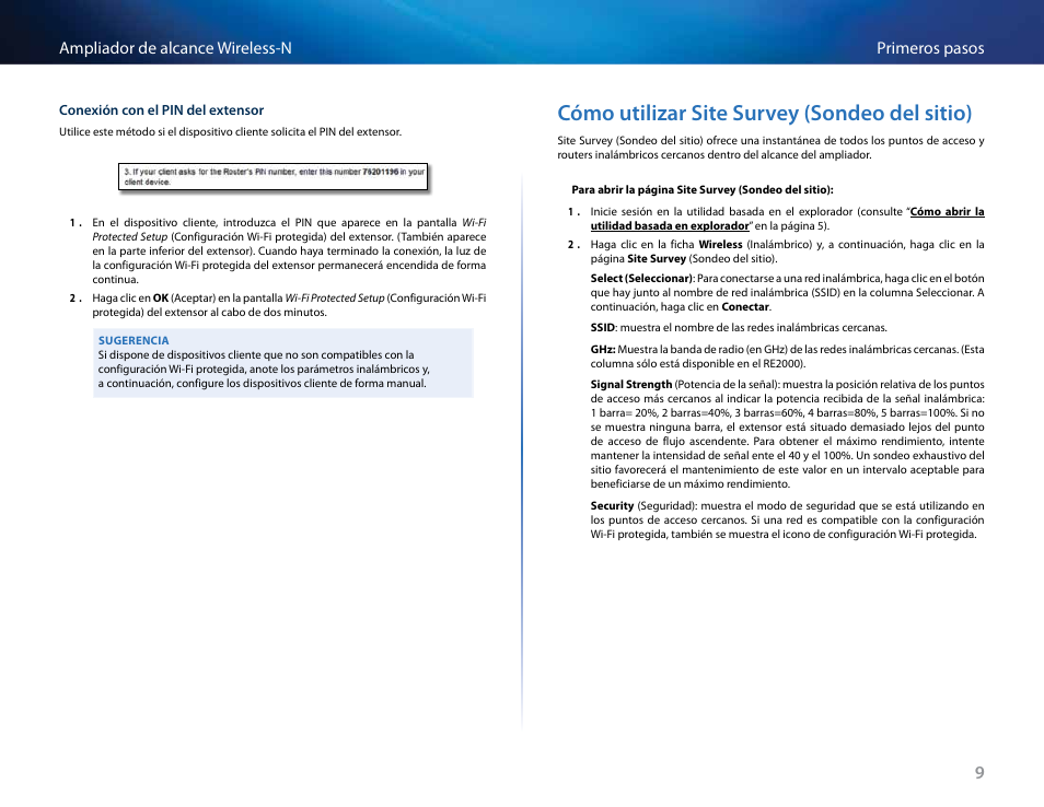 Cómo utilizar site survey (sondeo del sitio), Primeros pasos ampliador de alcance wireless-n | Linksys RE2000 User Manual | Page 125 / 457