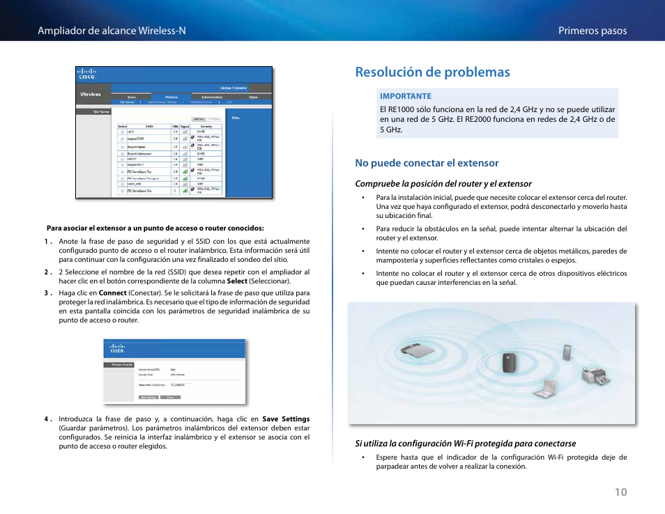 Resolución de problemas, No puede conectar el extensor, Primeros pasos ampliador de alcance wireless-n | Linksys RE2000 User Manual | Page 126 / 457