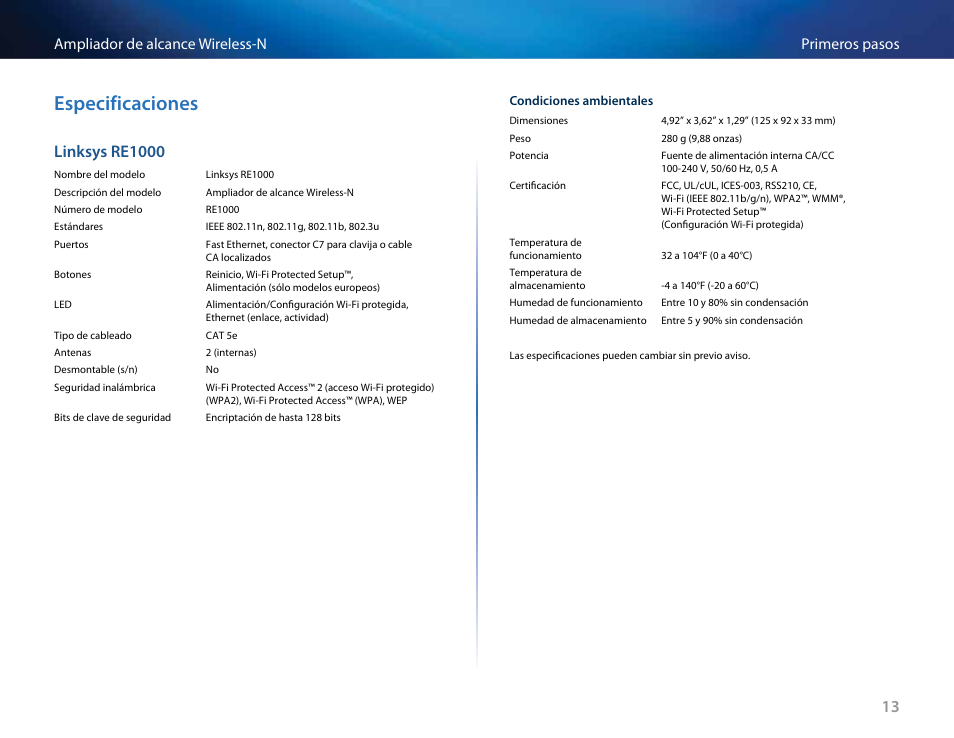 Especificaciones, Linksys re1000, Primeros pasos ampliador de alcance wireless-n | Linksys RE2000 User Manual | Page 129 / 457