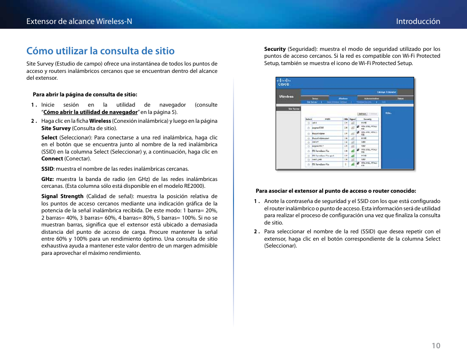 Cómo utilizar la consulta de sitio, 10 introducción extensor de alcance wireless-n | Linksys RE2000 User Manual | Page 142 / 457