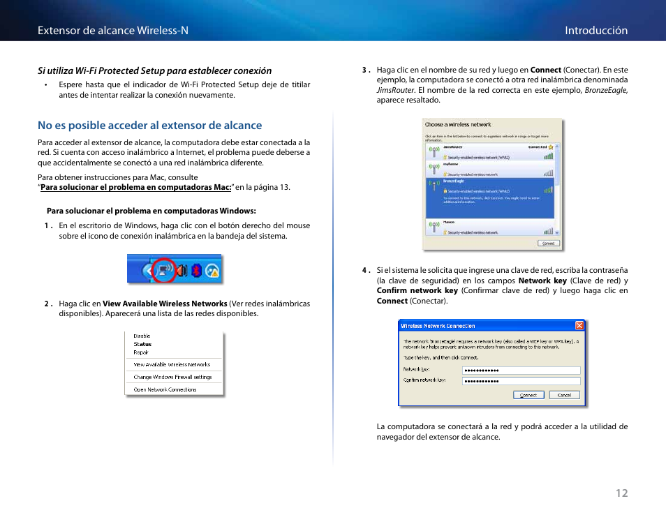 12 introducción extensor de alcance wireless-n, No es posible acceder al extensor de alcance | Linksys RE2000 User Manual | Page 144 / 457