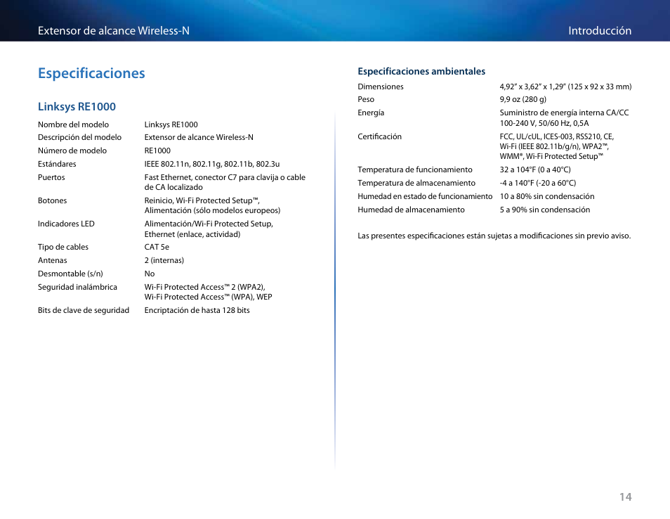 Especificaciones, 14 introducción extensor de alcance wireless-n, Linksys re1000 | Linksys RE2000 User Manual | Page 146 / 457