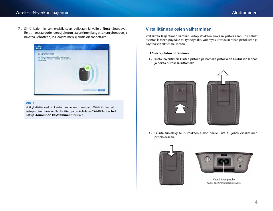 Virtaliitännän osien vaihtaminen, 4aloittaminen wireless-n-verkon laajennin | Linksys RE2000 User Manual | Page 154 / 457