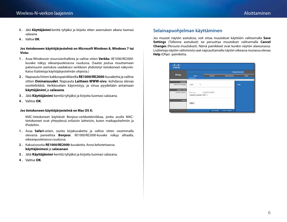 Selainapuohjelman käyttäminen, 6aloittaminen wireless-n-verkon laajennin | Linksys RE2000 User Manual | Page 156 / 457