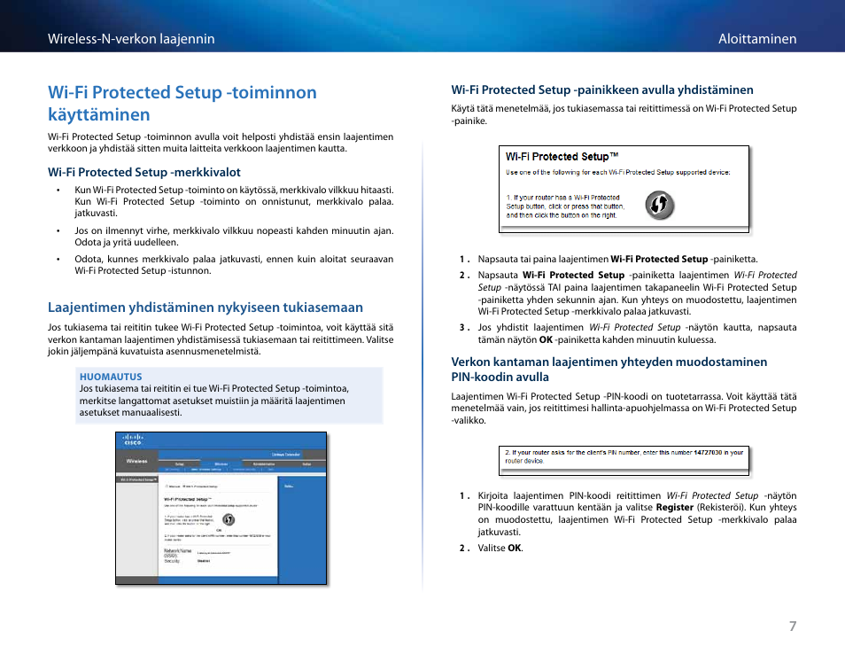 Wi-fi protected setup -toiminnon käyttäminen, Laajentimen yhdistäminen nykyiseen tukiasemaan, 7aloittaminen wireless-n-verkon laajennin | Linksys RE2000 User Manual | Page 157 / 457