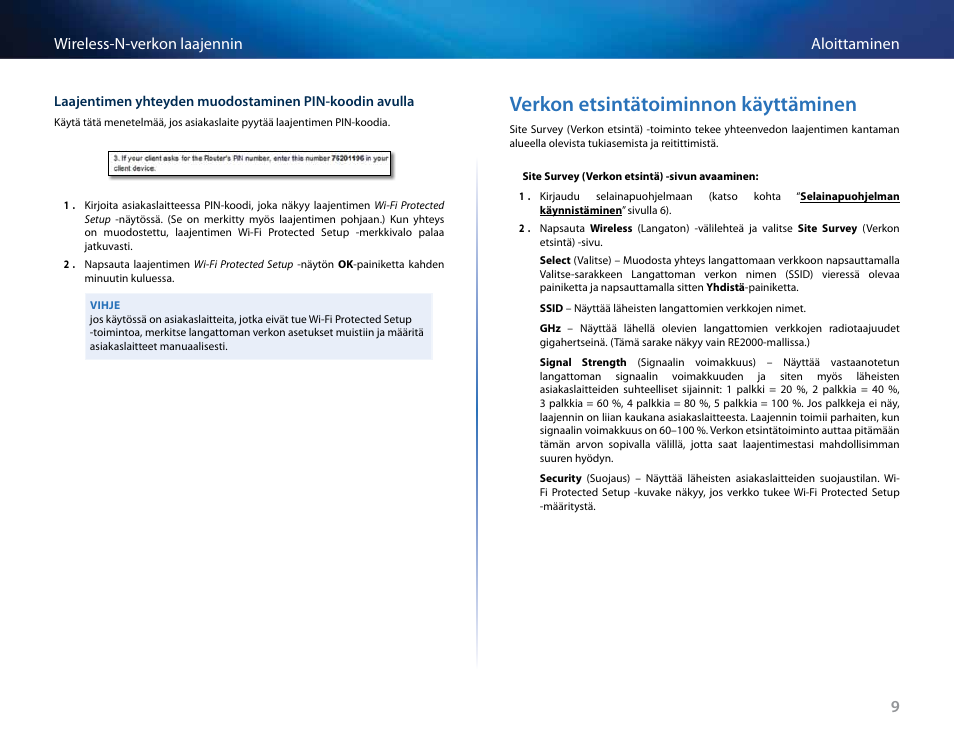 Verkon etsintätoiminnon käyttäminen, 9aloittaminen wireless-n-verkon laajennin | Linksys RE2000 User Manual | Page 159 / 457
