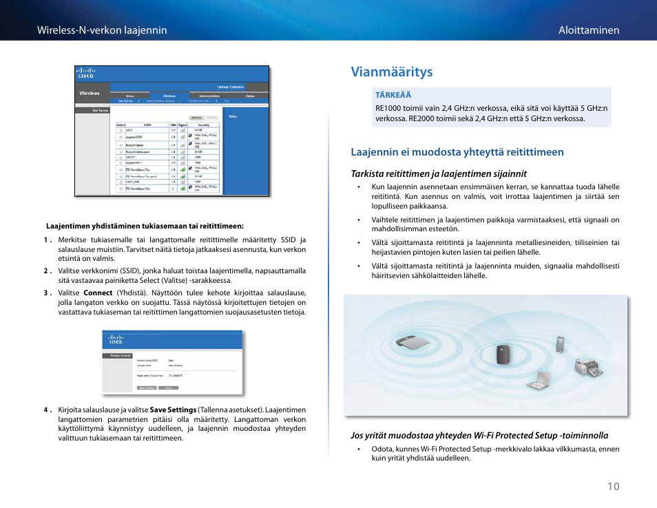 Vianmääritys, Laajennin ei muodosta yhteyttä reitittimeen, 10 aloittaminen wireless-n-verkon laajennin | Linksys RE2000 User Manual | Page 160 / 457