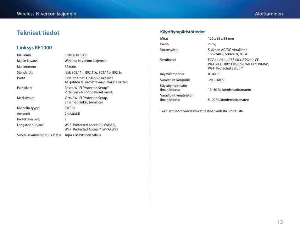 Tekniset tiedot, 13 aloittaminen wireless-n-verkon laajennin, Linksys re1000 | Linksys RE2000 User Manual | Page 163 / 457