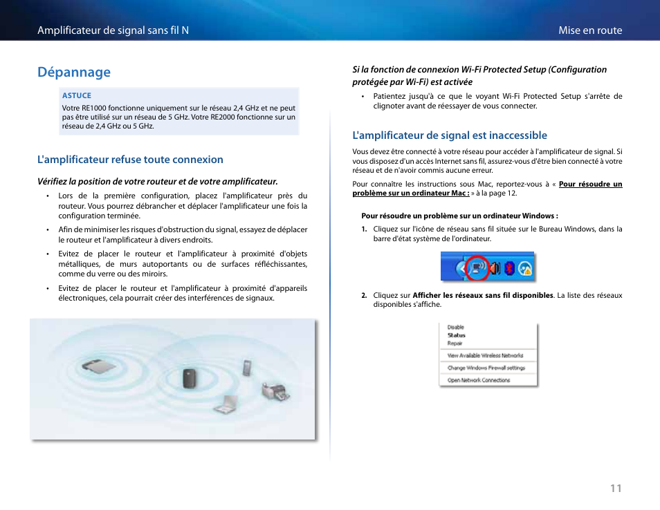 Dépannage, L'amplificateur refuse toute connexion, L'amplificateur de signal est inaccessible | Linksys RE2000 User Manual | Page 177 / 457