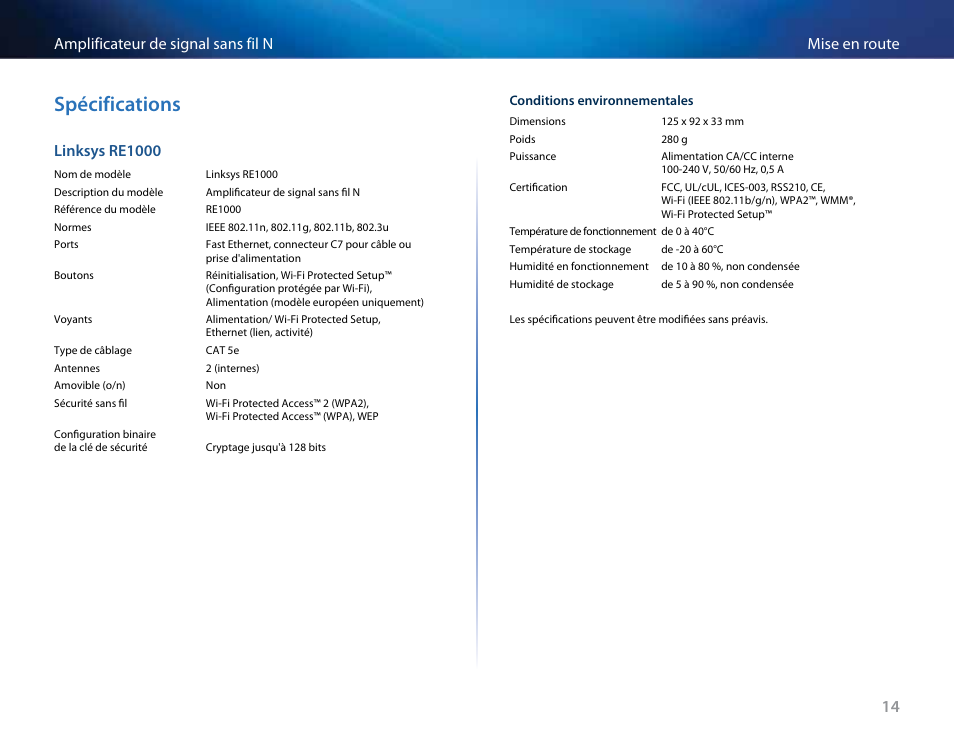 Spécifications, Linksys re1000 | Linksys RE2000 User Manual | Page 180 / 457