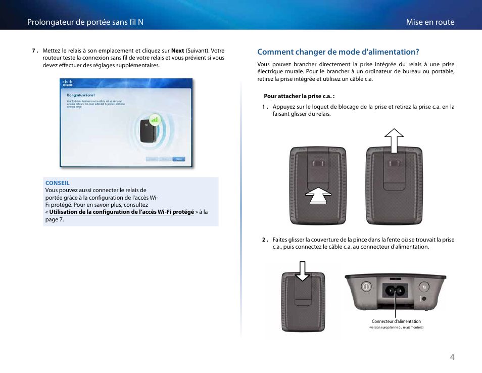 Comment changer de mode d'alimentation, 4mise en route prolongateur de portée sans fil n | Linksys RE2000 User Manual | Page 187 / 457