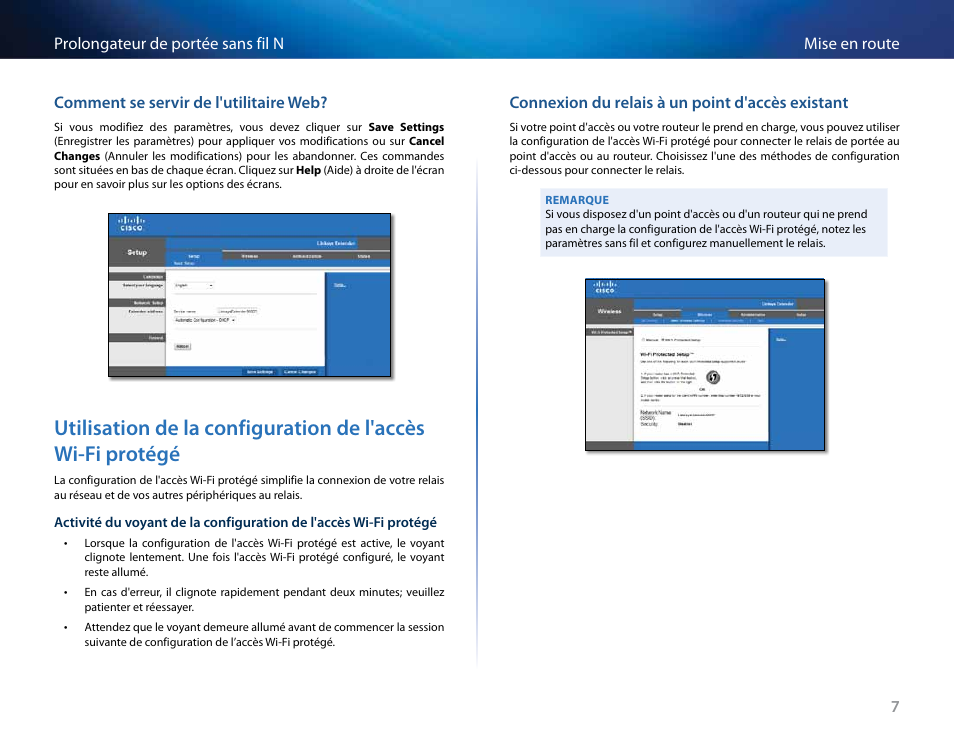 Comment se servir de l'utilitaire web, Connexion du relais à un point d'accès existant, Utilisation de la configuration | De l’accès wi-fi protégé | Linksys RE2000 User Manual | Page 190 / 457