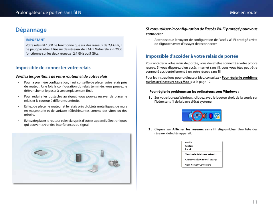 Dépannage, Impossible de connecter votre relais, Impossible d'accéder à votre relais de portée | 11 mise en route prolongateur de portée sans fil n | Linksys RE2000 User Manual | Page 194 / 457